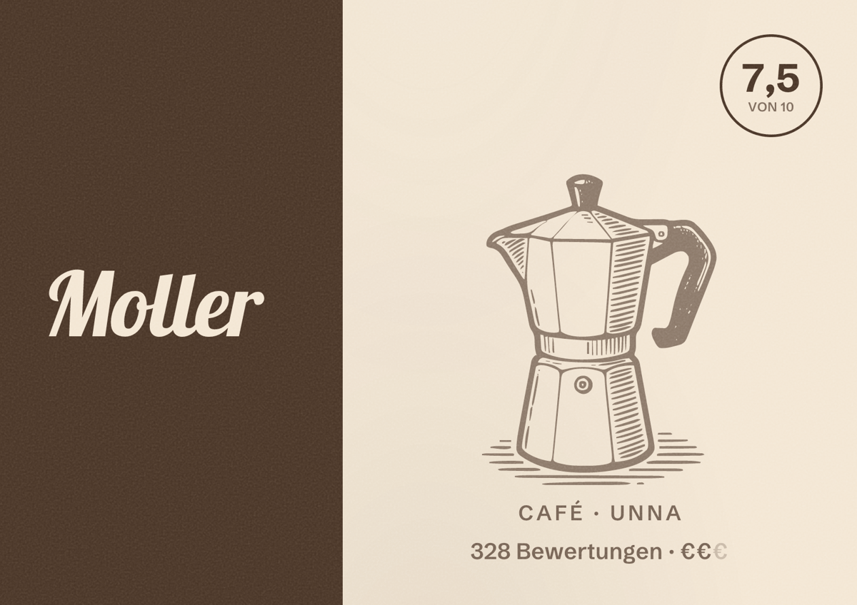 Illustriertes Poster von Moller, Café in Unna: Bewertung 7,5 von 10 aus 328 Bewertungen, Preisniveau €€