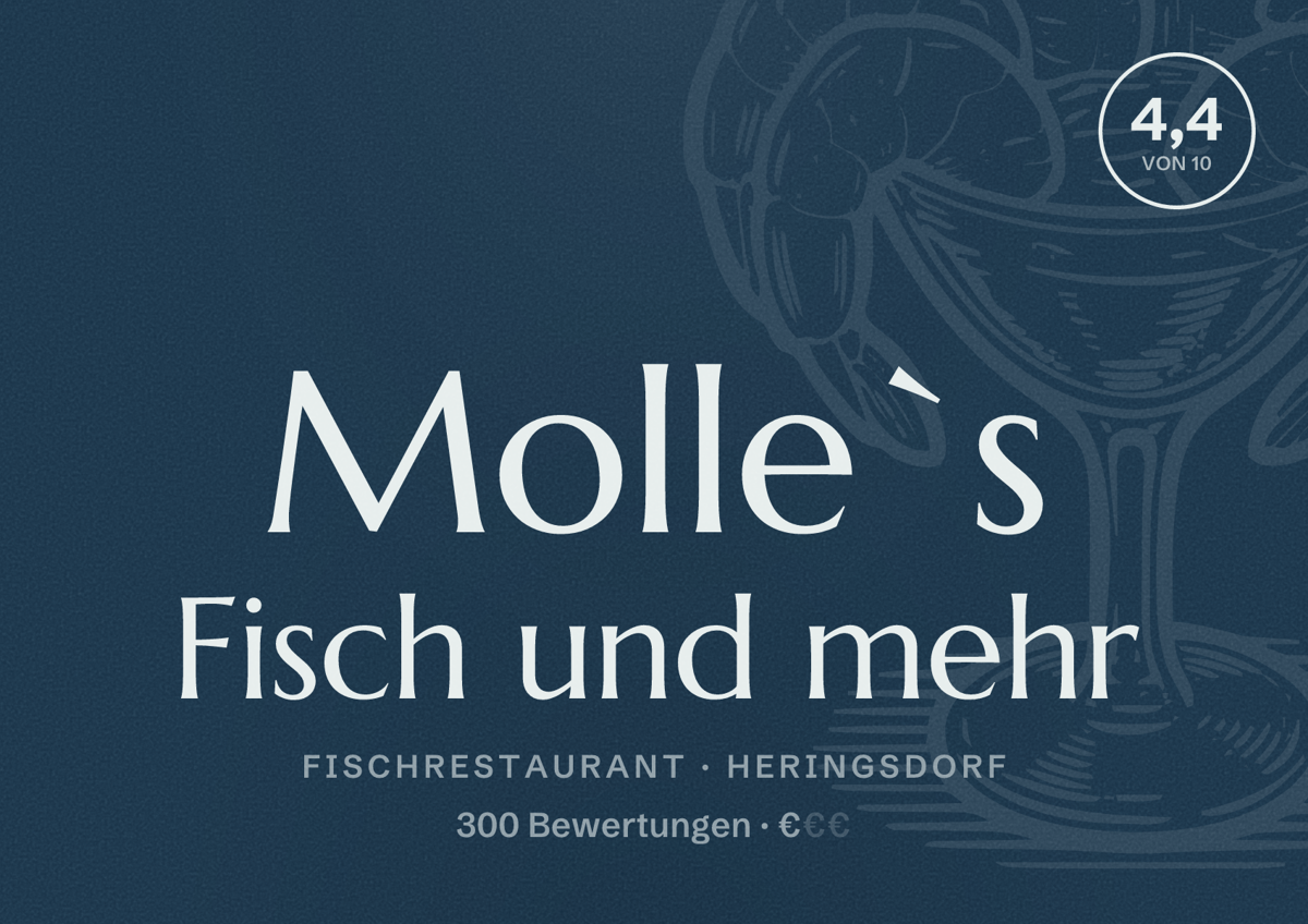 Illustriertes Poster von Molle`s Fisch und mehr, Fischrestaurant in Heringsdorf: Bewertung 4,4 von 10 aus 300 Bewertungen, Preisniveau €