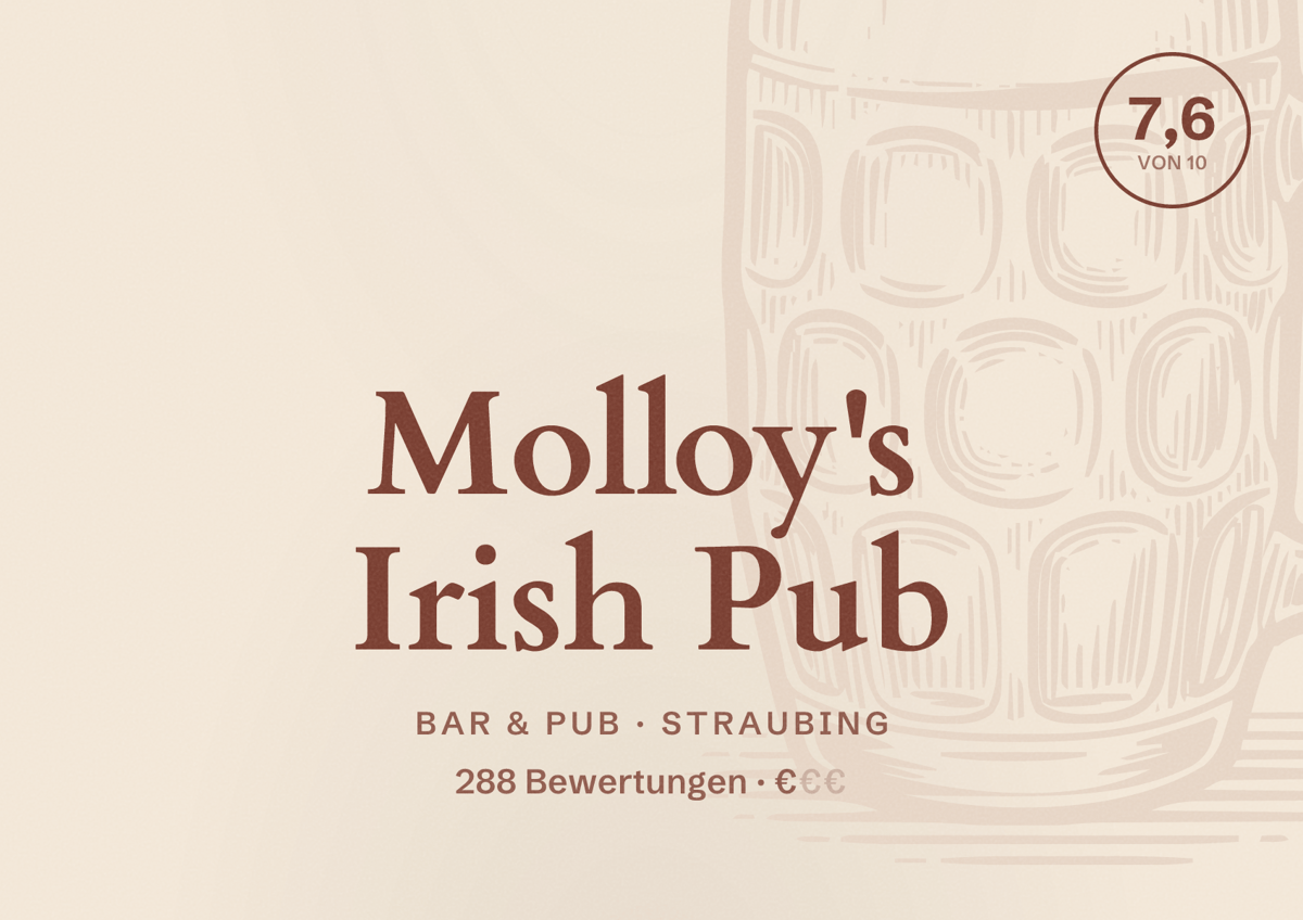 Illustriertes Poster von Molloy's Irish Pub, Bar & Pub in Straubing: Bewertung 7,6 von 10 aus 288 Bewertungen, Preisniveau €