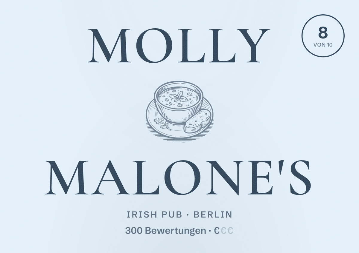Illustriertes Poster von Molly Malone's, Irish Pub in Berlin: Bewertung 8 von 10 aus 300 Bewertungen, Preisniveau €