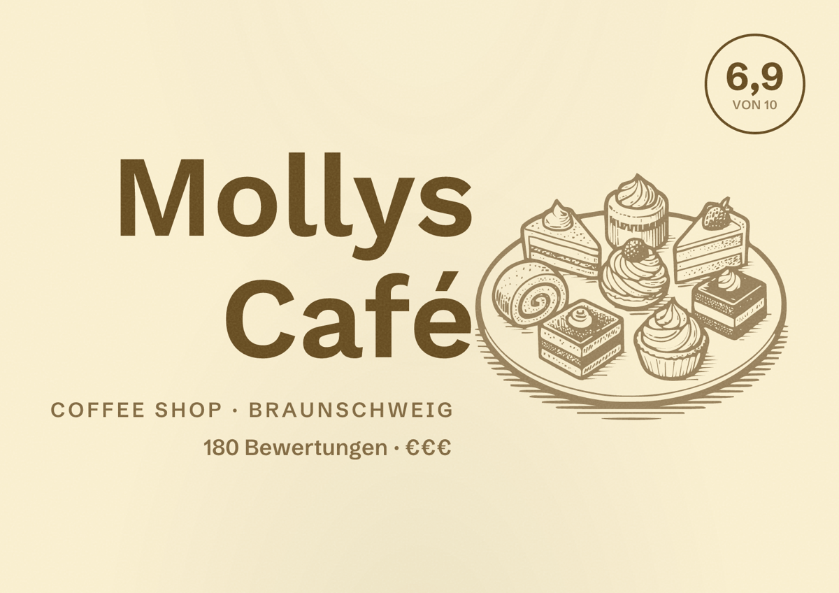 Illustriertes Poster von Mollys Café, Coffee Shop in Braunschweig: Bewertung 6,9 von 10 aus 180 Bewertungen, Preisniveau €€€