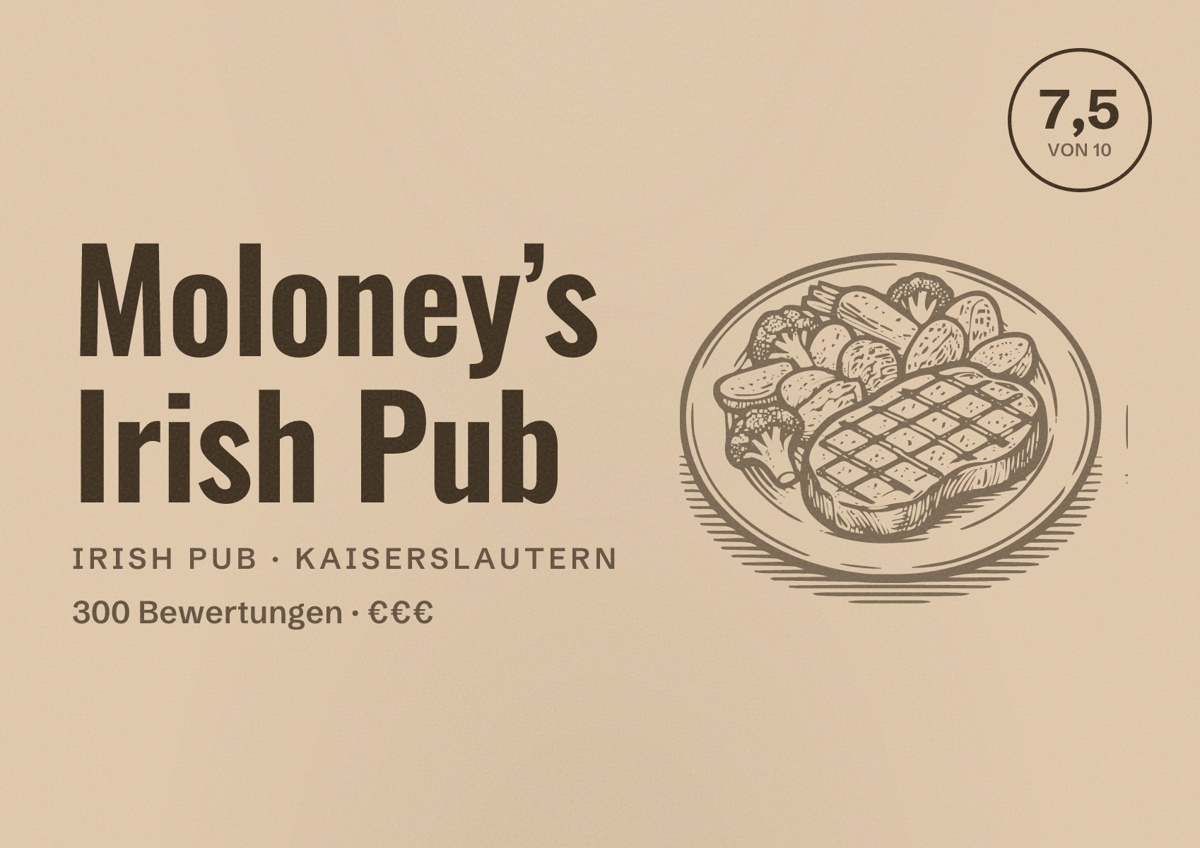 Illustriertes Poster von Moloney’s Irish Pub, Irish Pub in Kaiserslautern: Bewertung 7,5 von 10 aus 300 Bewertungen, Preisniveau €€€