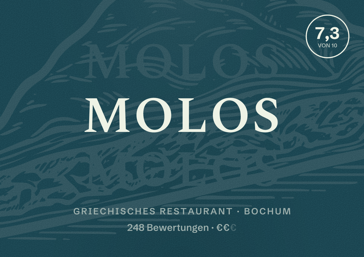 Illustriertes Poster von Molos, Griechisches Restaurant in Bochum: Bewertung 7,3 von 10 aus 248 Bewertungen, Preisniveau €€