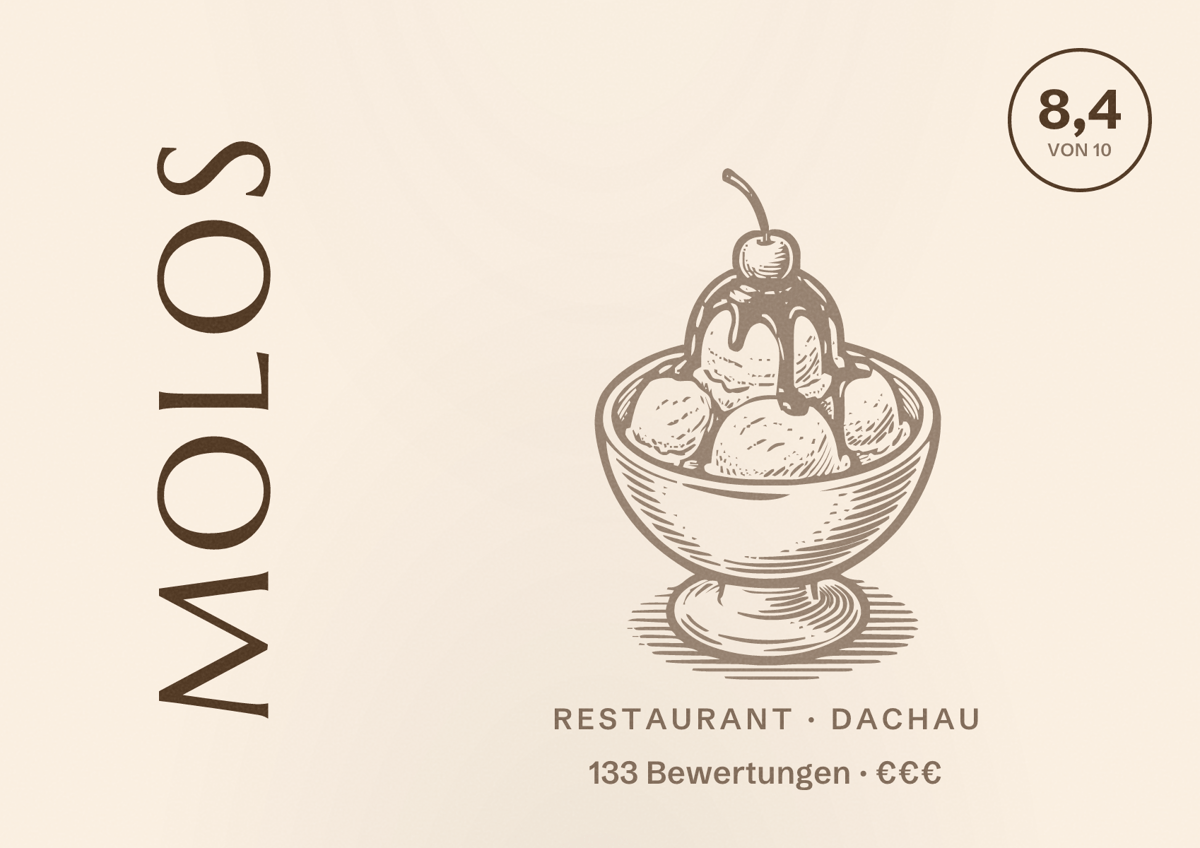 Illustriertes Poster von Molos, Restaurant in Dachau: Bewertung 8,4 von 10 aus 133 Bewertungen, Preisniveau €€€