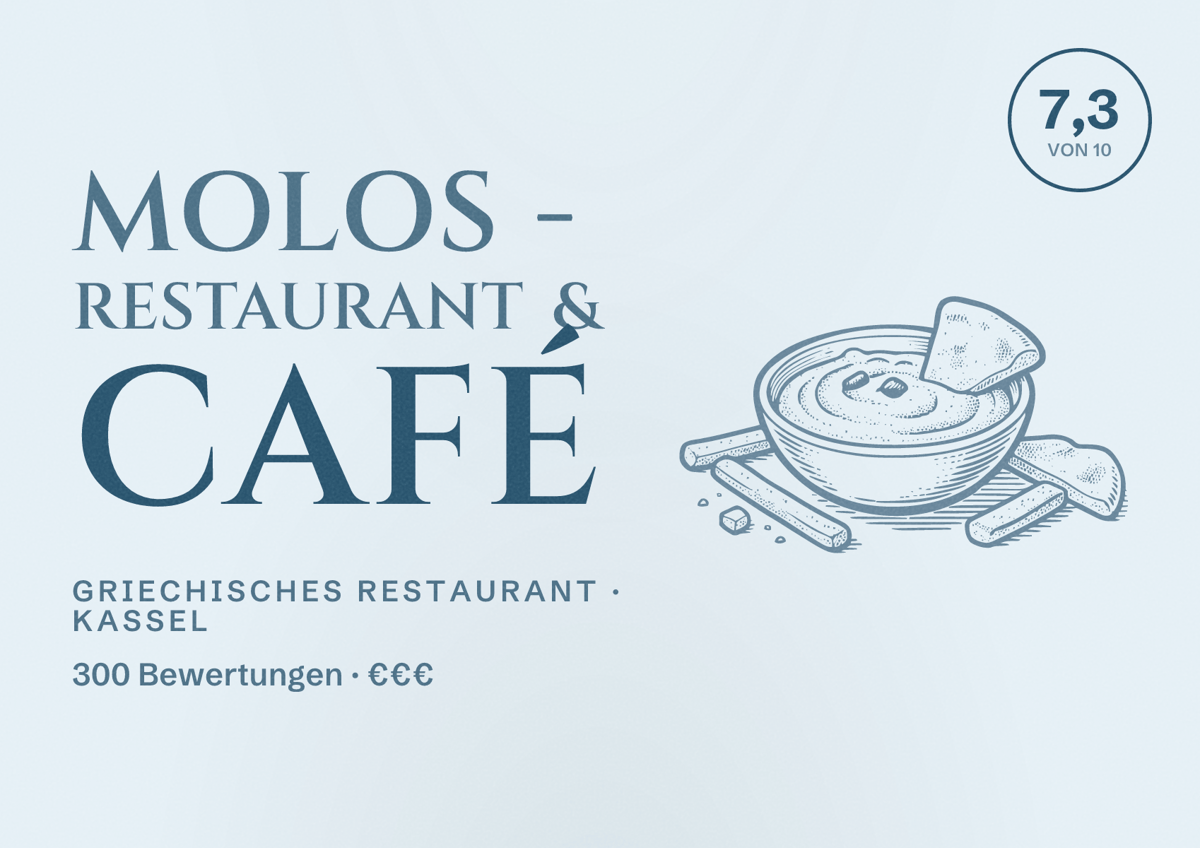 Illustriertes Poster von Molos - Restaurant & Café, Griechisches Restaurant in Kassel: Bewertung 7,3 von 10 aus 300 Bewertungen, Preisniveau €€€