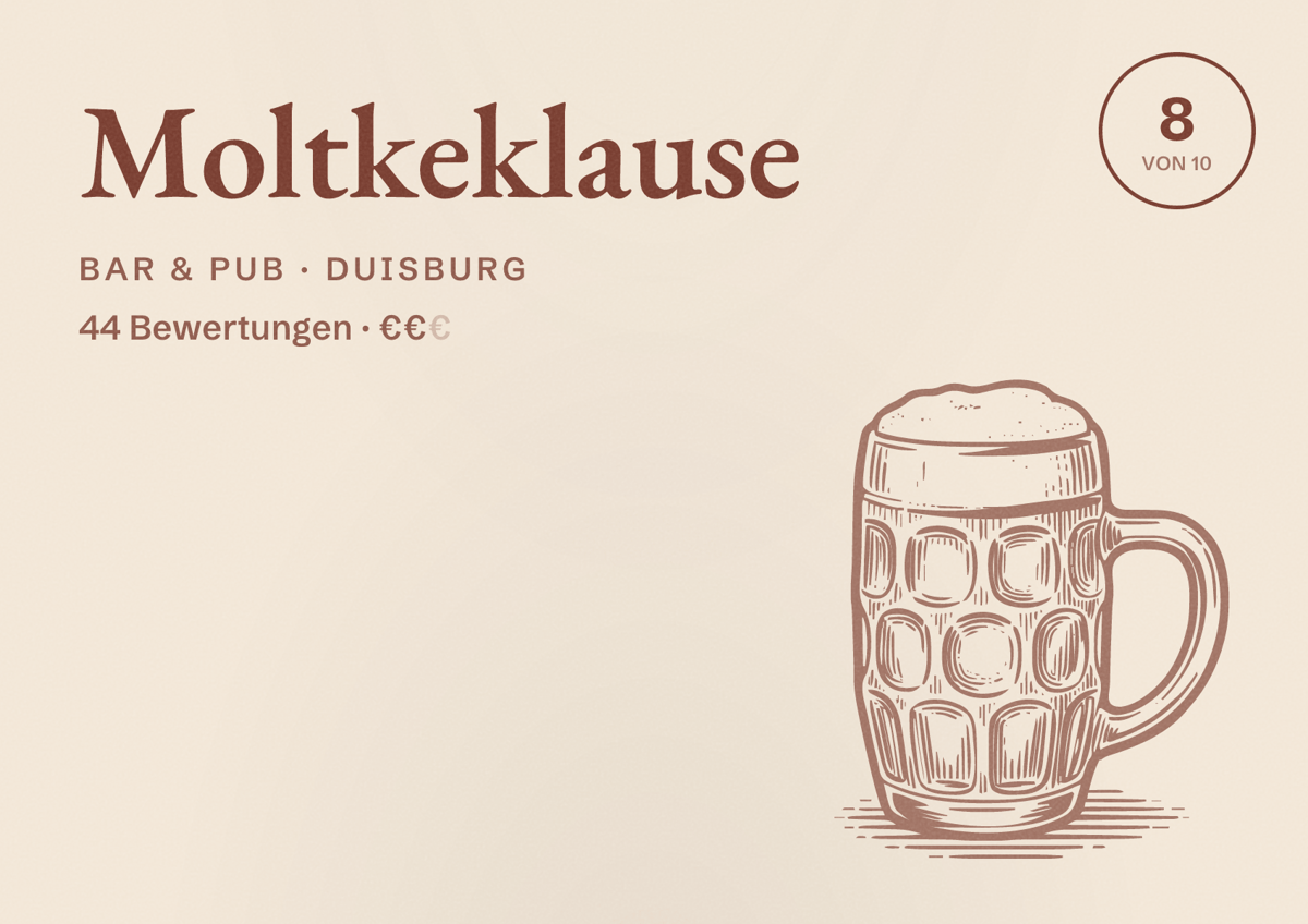 Illustriertes Poster von Moltkeklause, Bar & Pub in Duisburg: Bewertung 8 von 10 aus 44 Bewertungen, Preisniveau €€