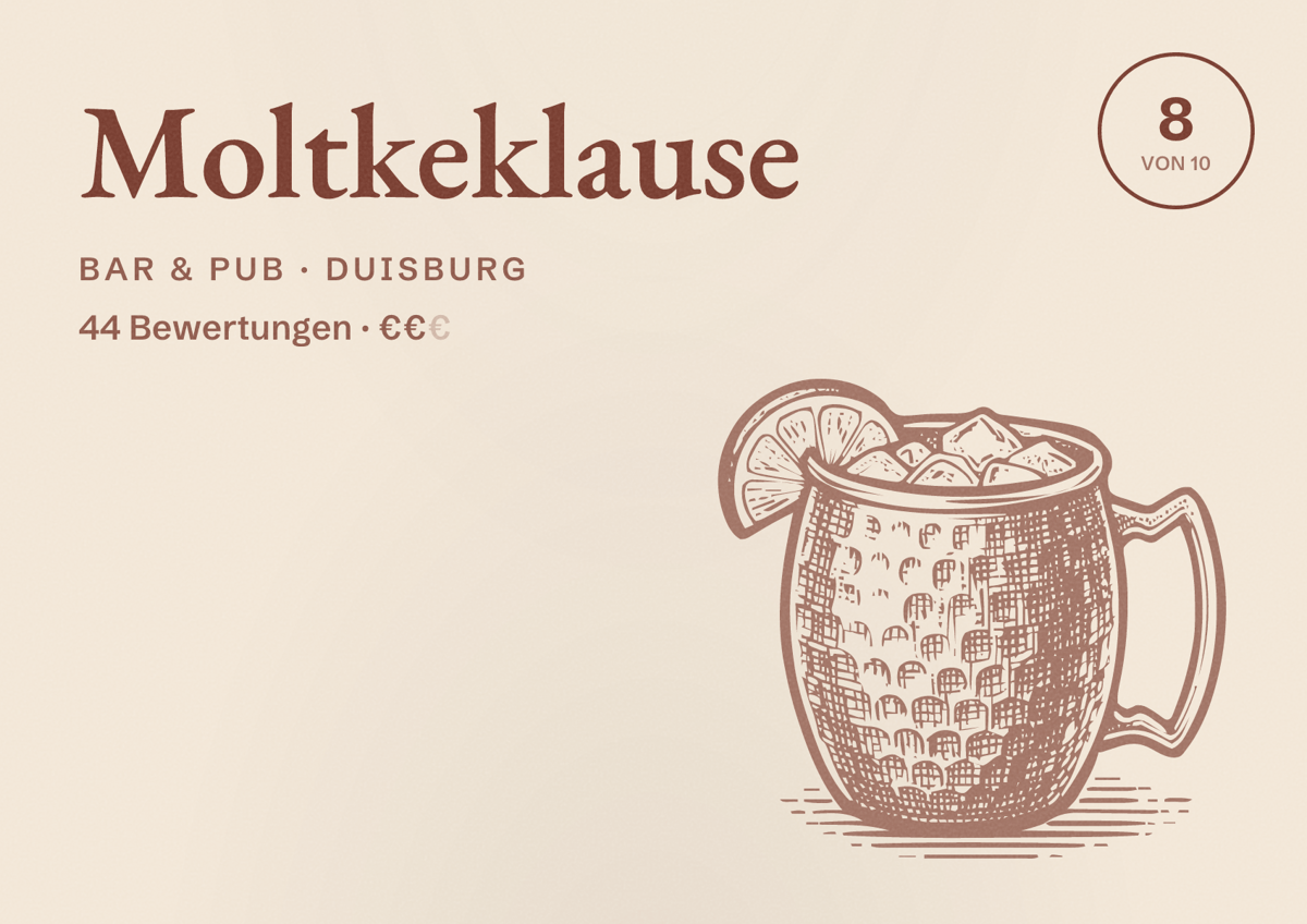 Illustriertes Poster von Moltkeklause, Bar & Pub in Duisburg: Bewertung 8 von 10 aus 44 Bewertungen, Preisniveau €€