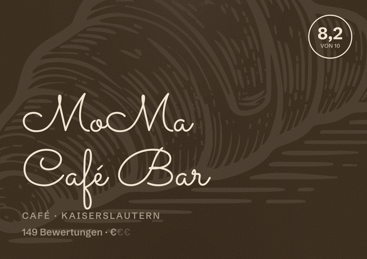 Illustriertes Poster von MoMa Café Bar, Café in Kaiserslautern: Bewertung 8,2 von 10 aus 149 Bewertungen, Preisniveau €