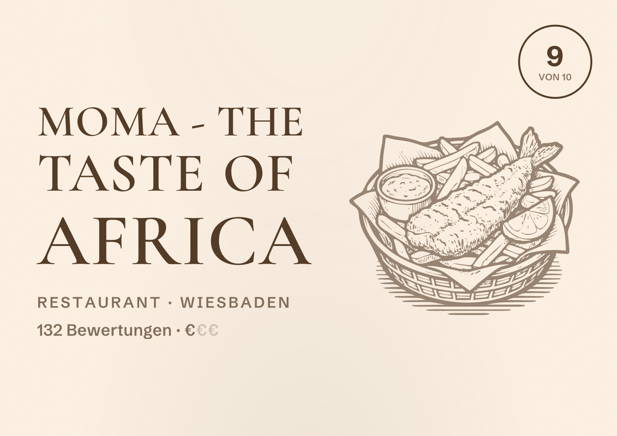 Illustriertes Poster von MoMa - The Taste of Africa, Restaurant in Wiesbaden: Bewertung 9,0 von 10 aus 132 Bewertungen, Preisniveau €