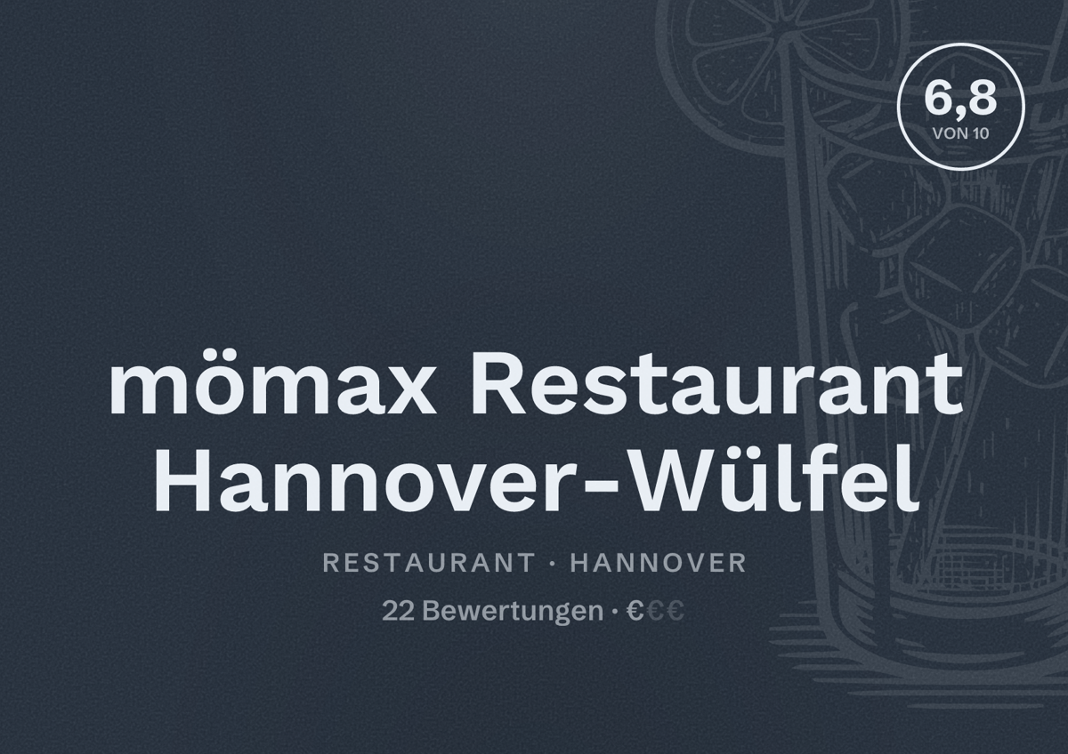 Illustriertes Poster von mömax Restaurant Hannover-Wülfel, Restaurant in Hannover: Bewertung 6,8 von 10 aus 22 Bewertungen, Preisniveau €