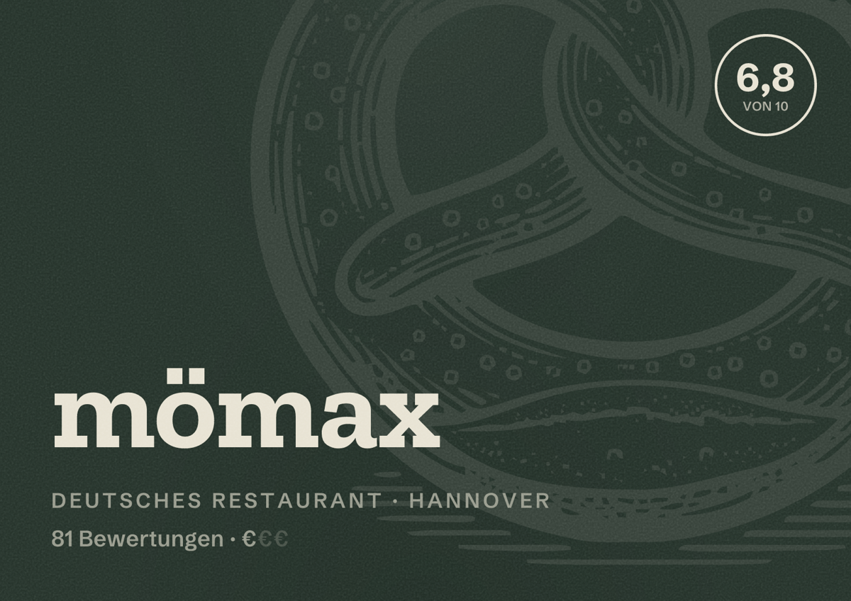 Illustriertes Poster von mömax, Deutsches Restaurant in Hannover: Bewertung 6,8 von 10 aus 81 Bewertungen, Preisniveau €