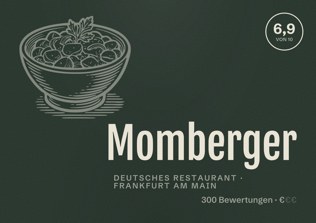 Illustriertes Poster von Momberger, Deutsches Restaurant in Frankfurt am Main: Bewertung 6,9 von 10 aus 300 Bewertungen, Preisniveau €