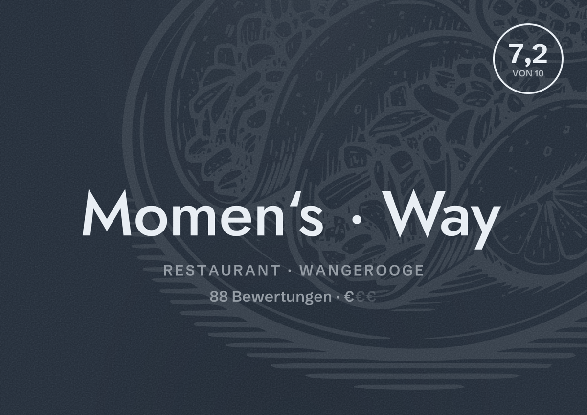 Illustriertes Poster von Momen‘s Way, Restaurant in Wangerooge: Bewertung 7,2 von 10 aus 88 Bewertungen, Preisniveau €