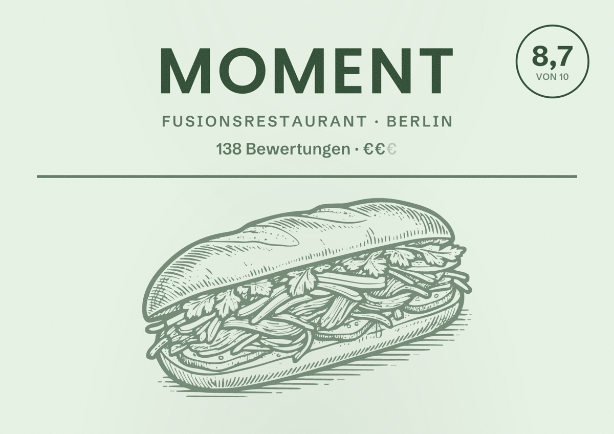 Illustriertes Poster von Moment, Fusionsrestaurant in Berlin: Bewertung 8,7 von 10 aus 138 Bewertungen, Preisniveau €€