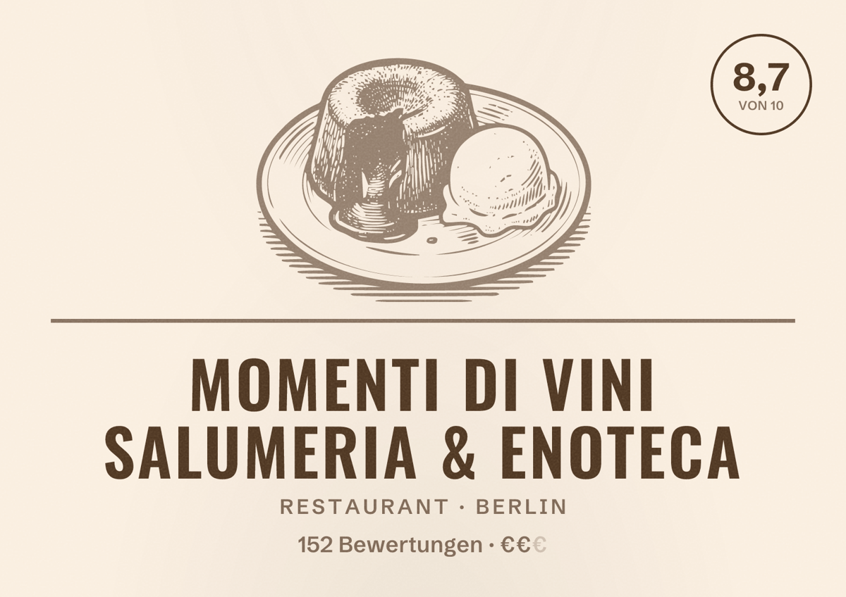 Illustriertes Poster von Momenti di Vini Salumeria & Enoteca, Restaurant in Berlin: Bewertung 8,7 von 10 aus 152 Bewertungen, Preisniveau €€