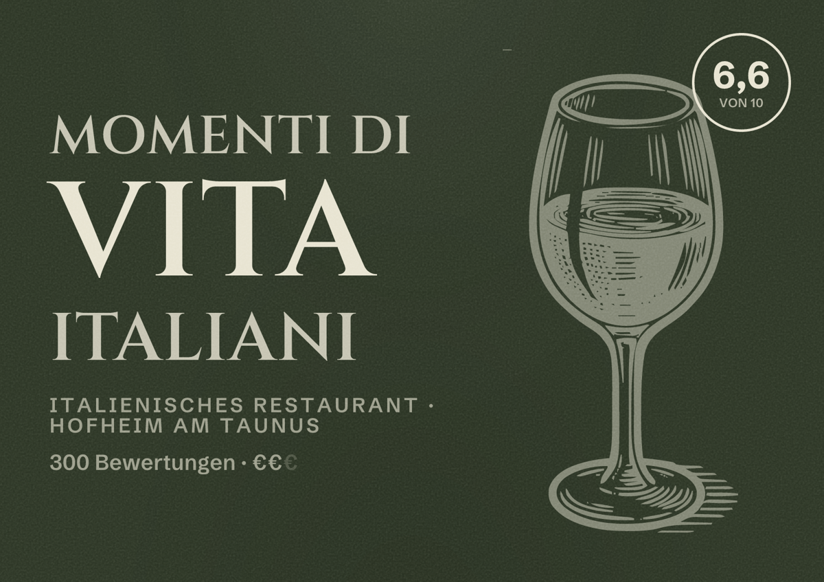 Illustriertes Poster von Momenti di Vita Italiani, Italienisches Restaurant in Hofheim am Taunus: Bewertung 6,6 von 10 aus 300 Bewertungen, Preisniveau €€
