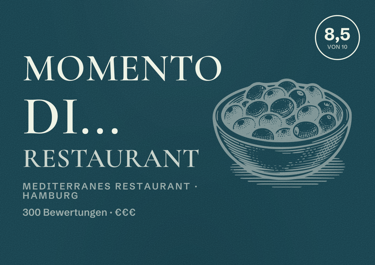 Illustriertes Poster von Momento di... Restaurant, Mediterranes Restaurant in Hamburg: Bewertung 8,5 von 10 aus 300 Bewertungen, Preisniveau €€€