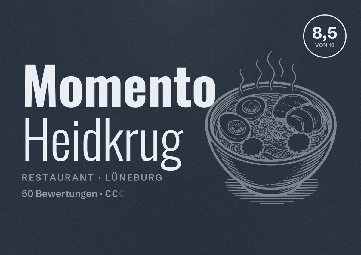 Illustriertes Poster von Momento Heidkrug, Restaurant in Lüneburg: Bewertung 8,5 von 10 aus 50 Bewertungen, Preisniveau €€