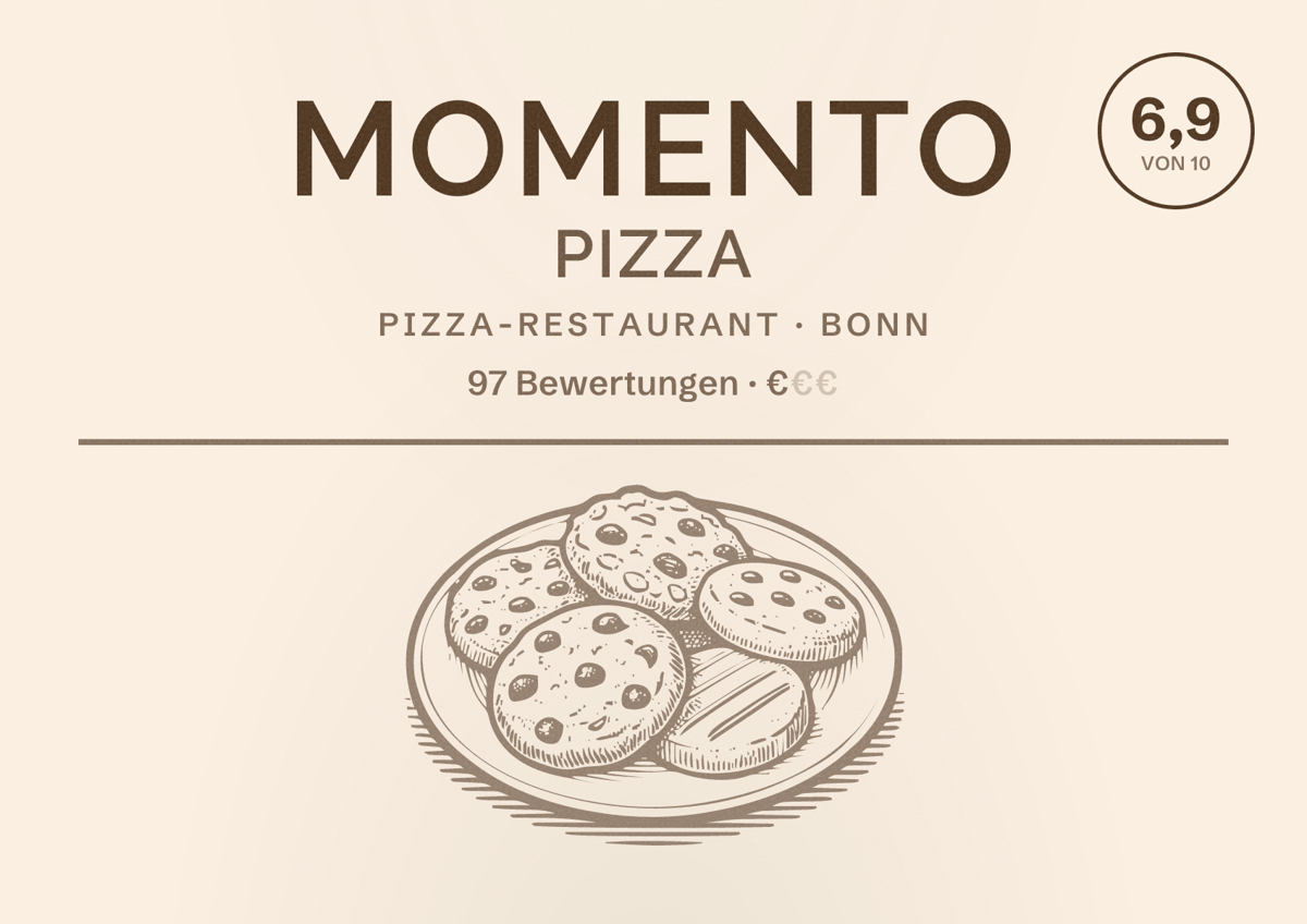 Illustriertes Poster von Momento Pizza, Pizza-Restaurant in Bonn: Bewertung 6,9 von 10 aus 97 Bewertungen, Preisniveau €
