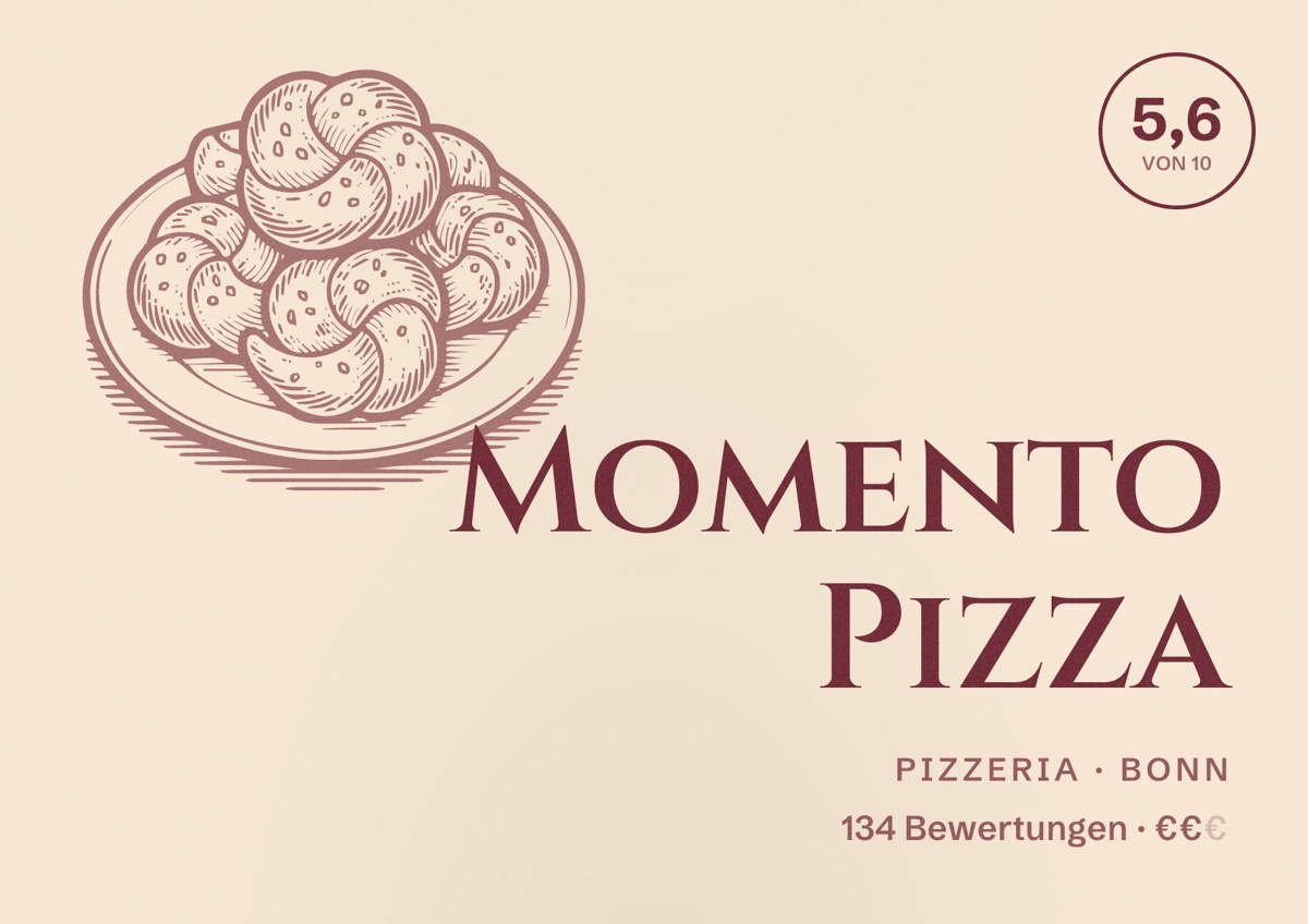 Illustriertes Poster von Momento Pizza, Pizzeria in Bonn: Bewertung 5,6 von 10 aus 134 Bewertungen, Preisniveau €€
