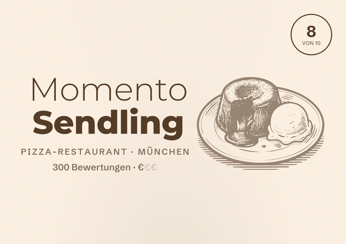 Illustriertes Poster von Momento Sendling, Pizza-Restaurant in München: Bewertung 8,0 von 10 aus 300 Bewertungen, Preisniveau €