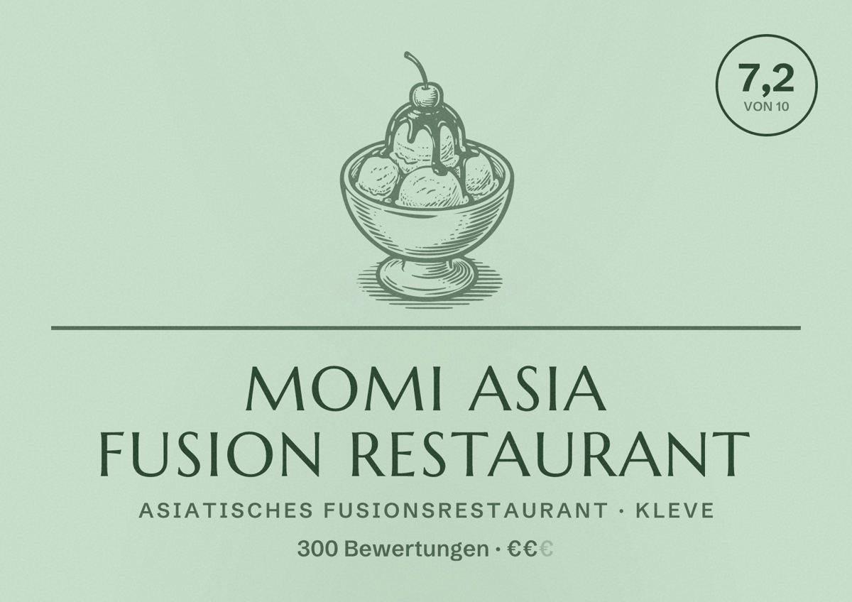 Illustriertes Poster von MOMI Asia Fusion Restaurant, Asiatisches Fusionsrestaurant in Kleve: Bewertung 7,2 von 10 aus 300 Bewertungen, Preisniveau €€