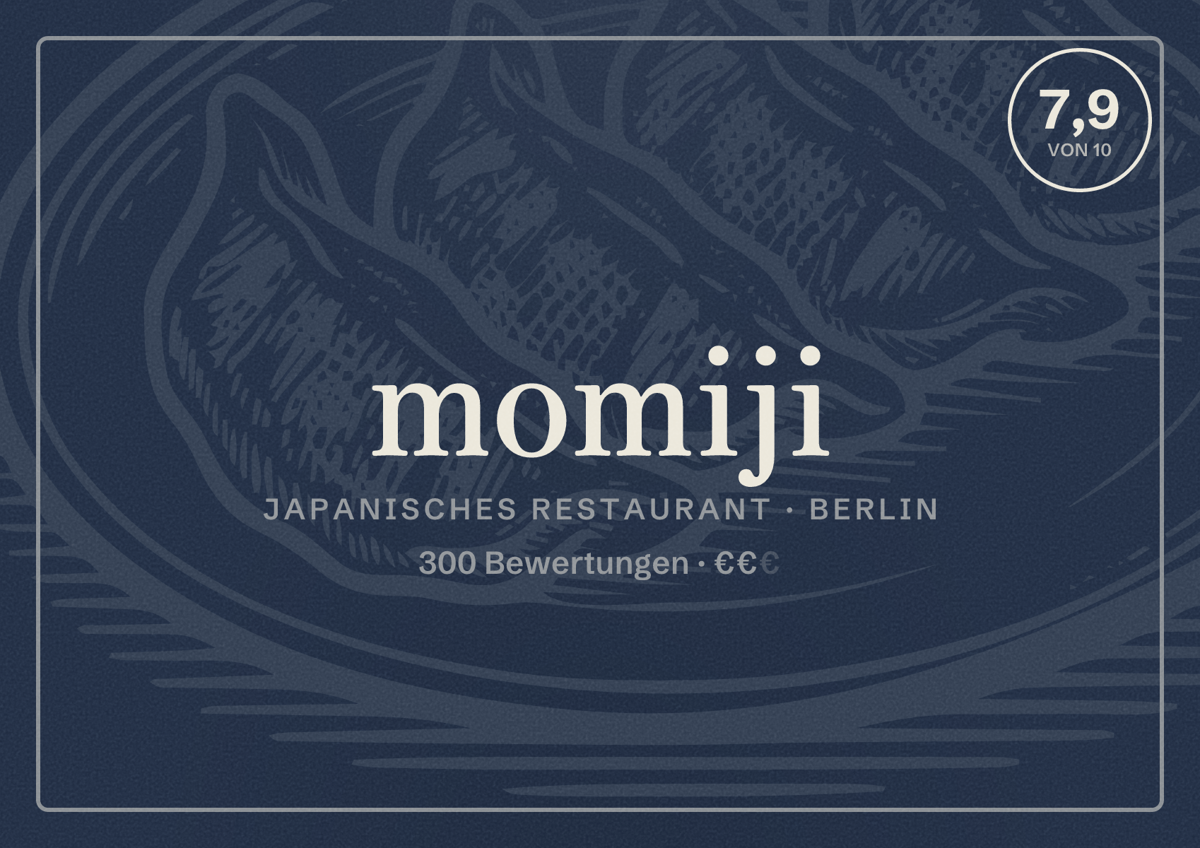 Illustriertes Poster von momiji, Japanisches Restaurant in Berlin: Bewertung 7,9 von 10 aus 300 Bewertungen, Preisniveau €€