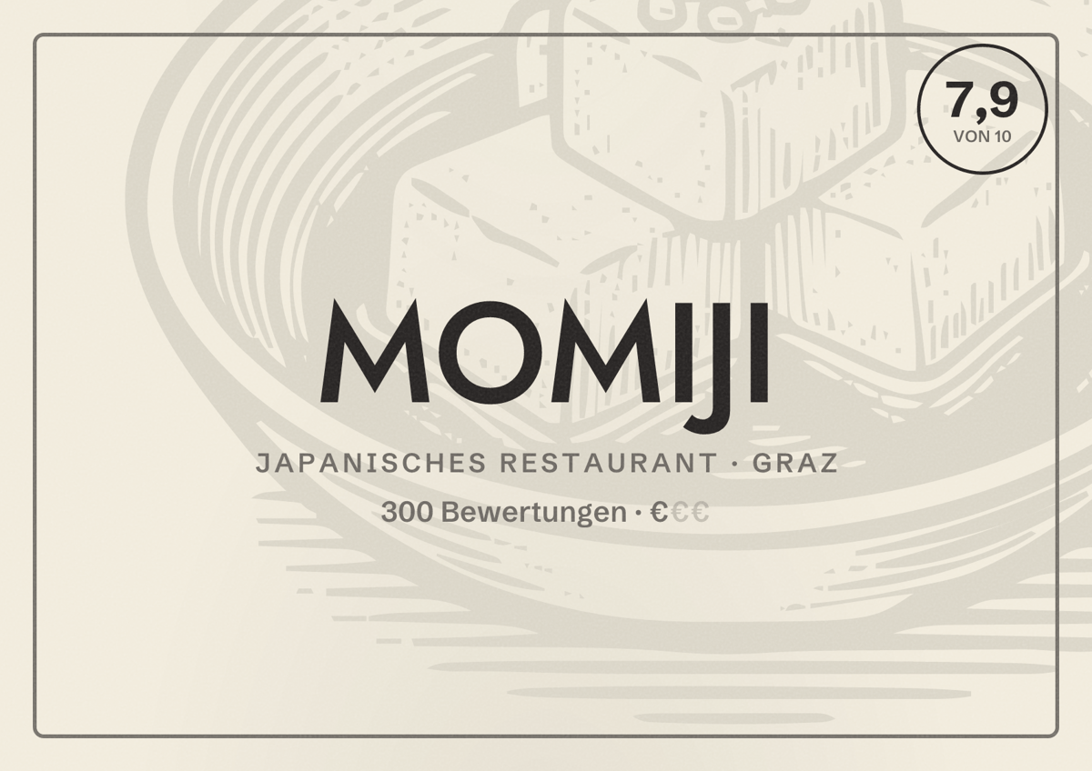 Illustriertes Poster von MOMIJI, Japanisches Restaurant in Graz: Bewertung 7,9 von 10 aus 300 Bewertungen, Preisniveau €