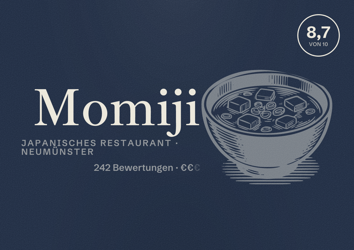 Illustriertes Poster von Momiji, Japanisches Restaurant in Neumünster: Bewertung 8,7 von 10 aus 242 Bewertungen, Preisniveau €€