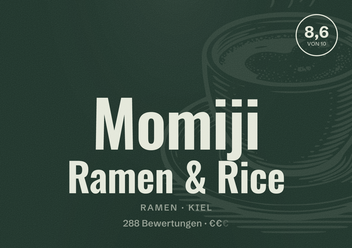 Illustriertes Poster von Momiji Ramen & Rice, Ramen in Kiel: Bewertung 8,6 von 10 aus 288 Bewertungen, Preisniveau €€