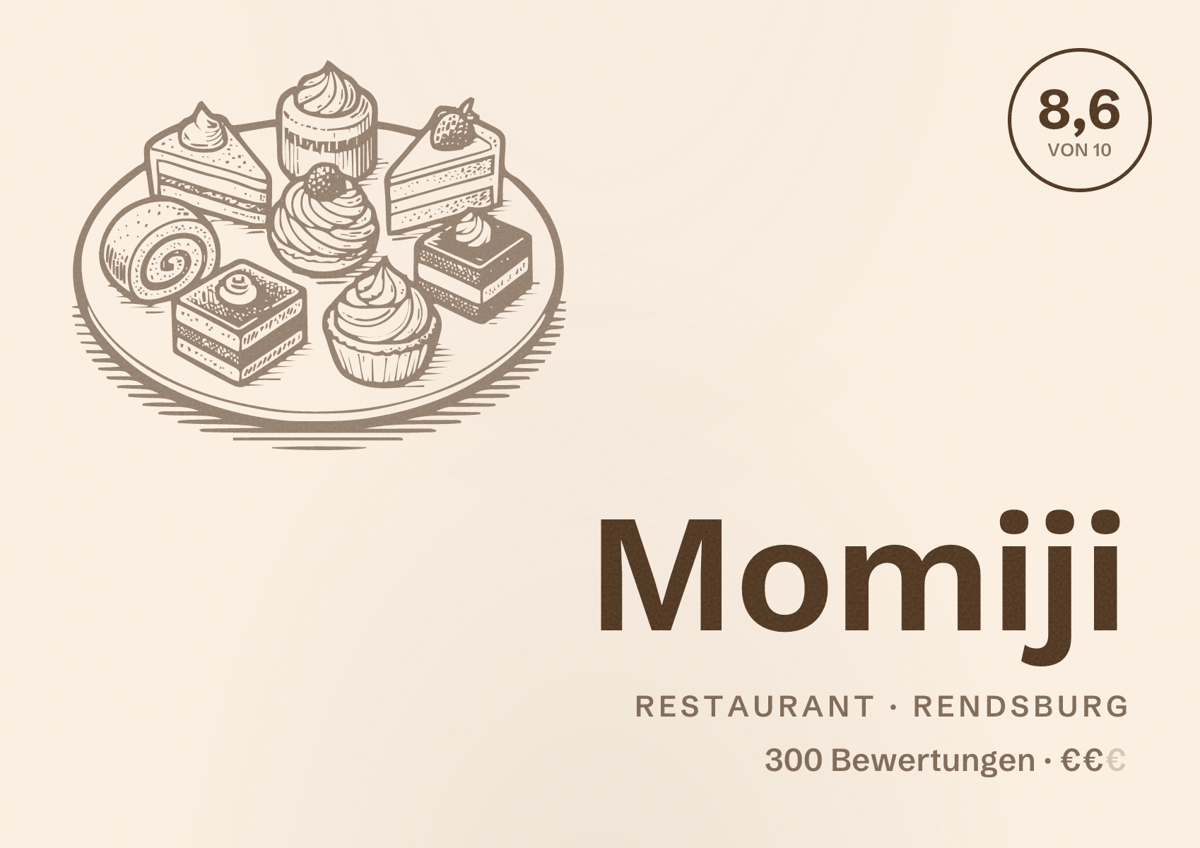 Illustriertes Poster von Momiji, Restaurant in Rendsburg: Bewertung 8,6 von 10 aus 300 Bewertungen, Preisniveau €€