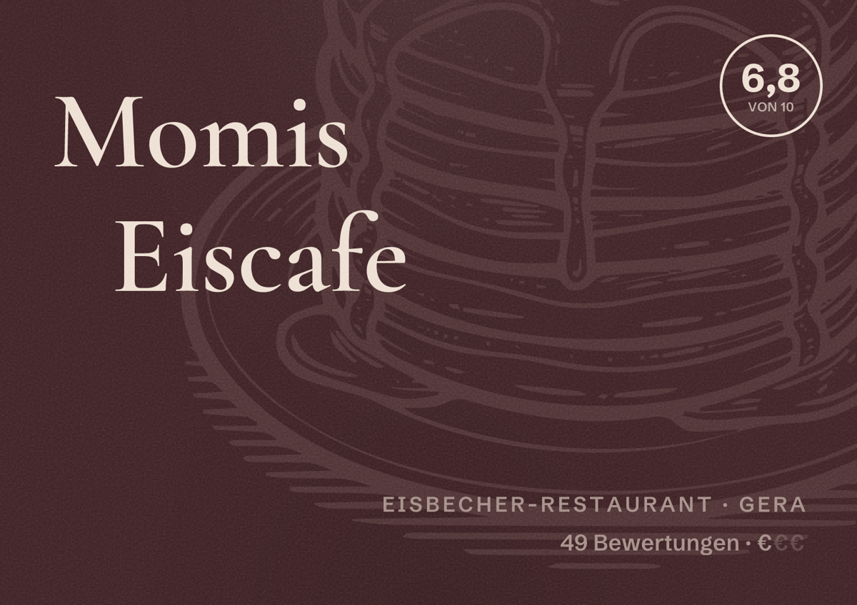 Illustriertes Poster von Momis Eiscafe, Eisbecher-Restaurant in Gera: Bewertung 6,8 von 10 aus 49 Bewertungen, Preisniveau €
