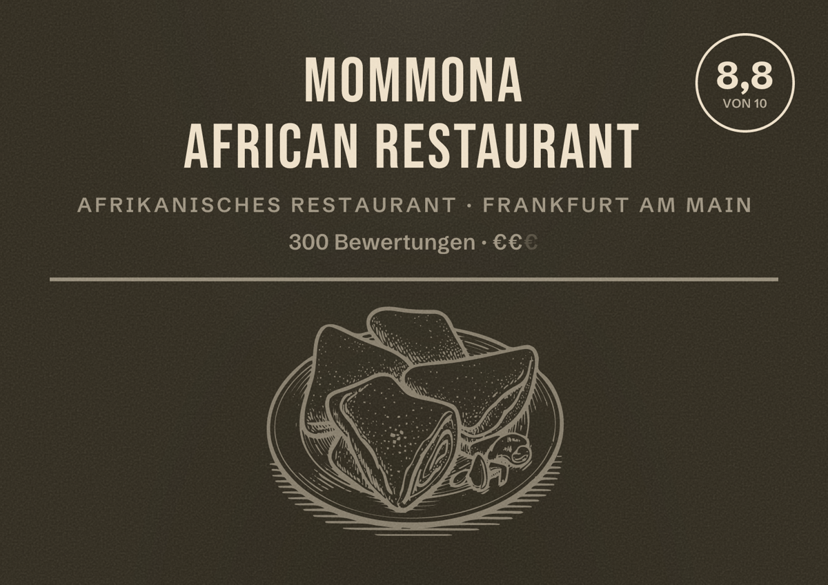 Illustriertes Poster von Mommona African Restaurant, Afrikanisches Restaurant in Frankfurt am Main: Bewertung 8,8 von 10 aus 300 Bewertungen, Preisniveau €€