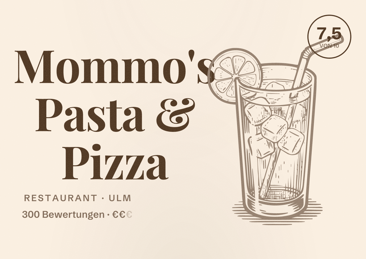 Illustriertes Poster von Mommo's Pasta & Pizza, Restaurant in Ulm: Bewertung 7,5 von 10 aus 300 Bewertungen, Preisniveau €€