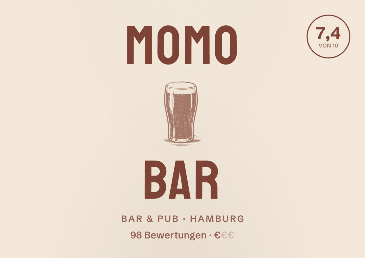Illustriertes Poster von Momo Bar, Bar & Pub in Hamburg: Bewertung 7,4 von 10 aus 98 Bewertungen, Preisniveau €