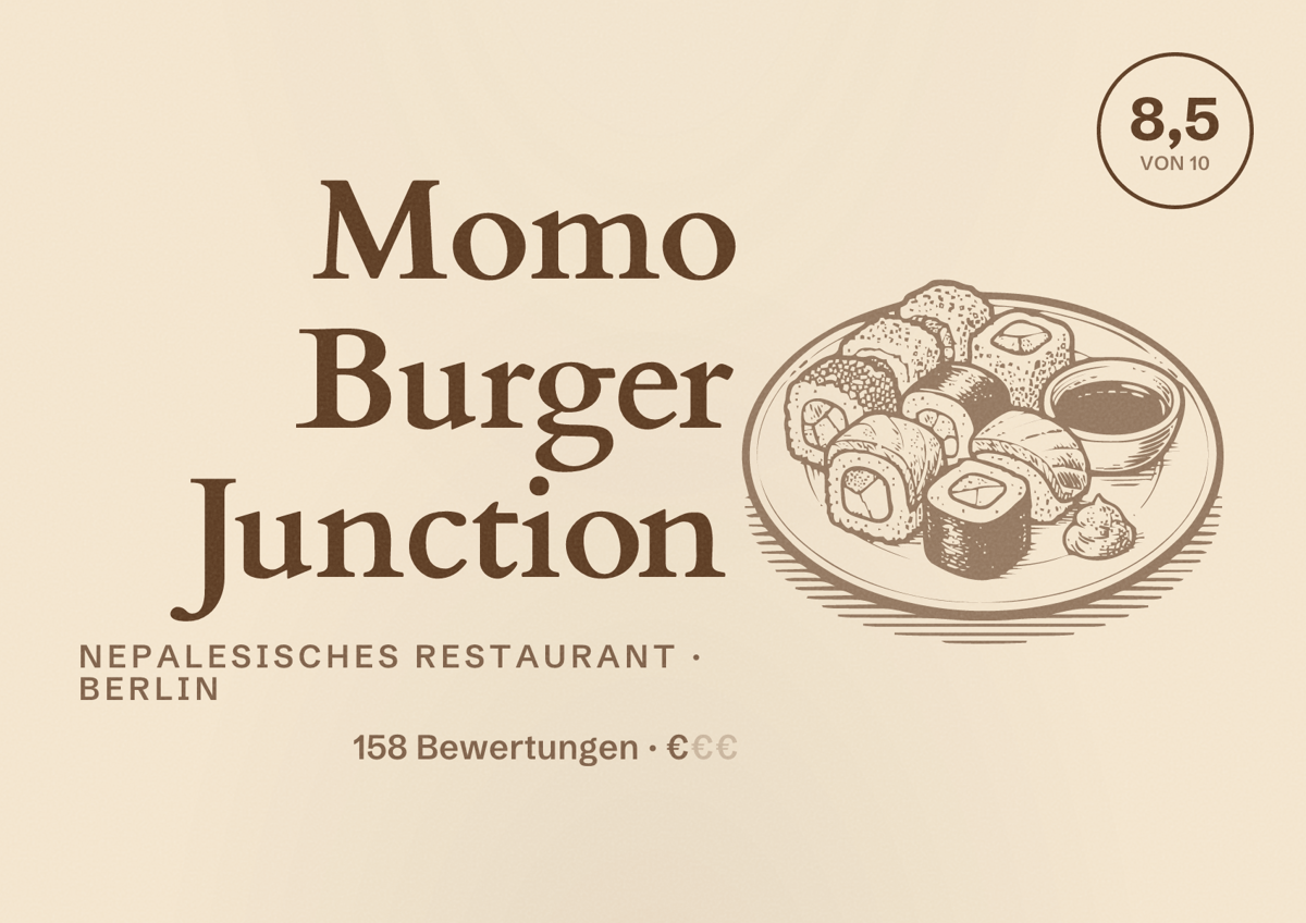 Illustriertes Poster von Momo Burger Junction, Nepalesisches Restaurant in Berlin: Bewertung 8,5 von 10 aus 158 Bewertungen, Preisniveau €