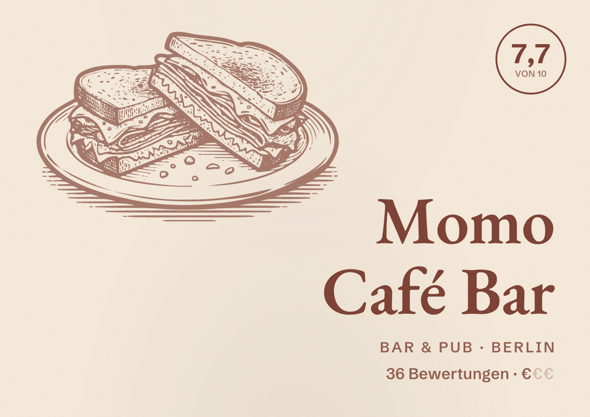 Illustriertes Poster von Momo Café Bar, Bar & Pub in Berlin: Bewertung 7,7 von 10 aus 36 Bewertungen, Preisniveau €