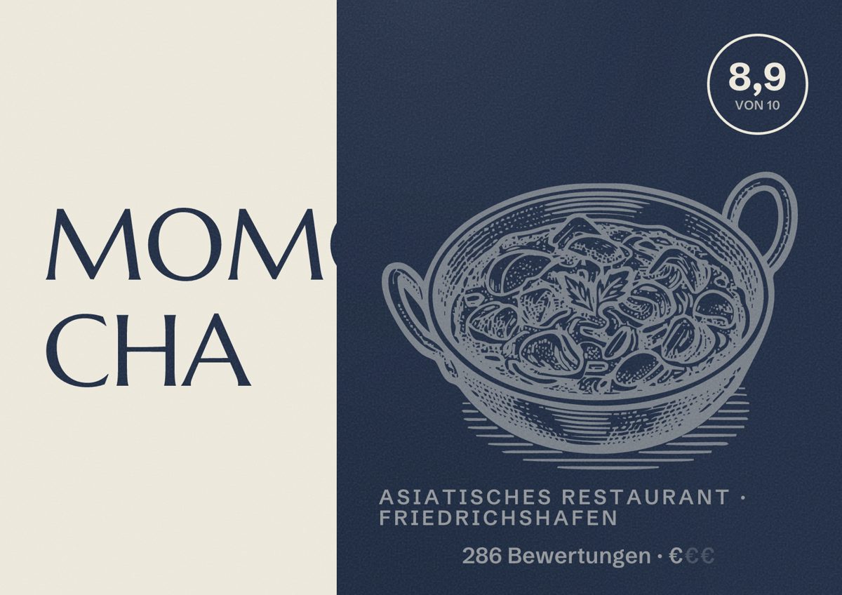 Illustriertes Poster von MOMO CHA, Asiatisches Restaurant in Friedrichshafen: Bewertung 8,9 von 10 aus 286 Bewertungen, Preisniveau €