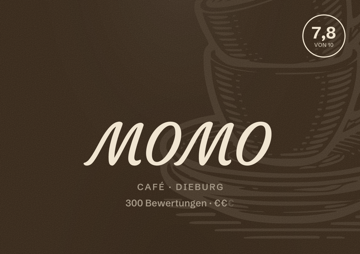 Illustriertes Poster von MOMO, Café in Dieburg: Bewertung 7,8 von 10 aus 300 Bewertungen, Preisniveau €€