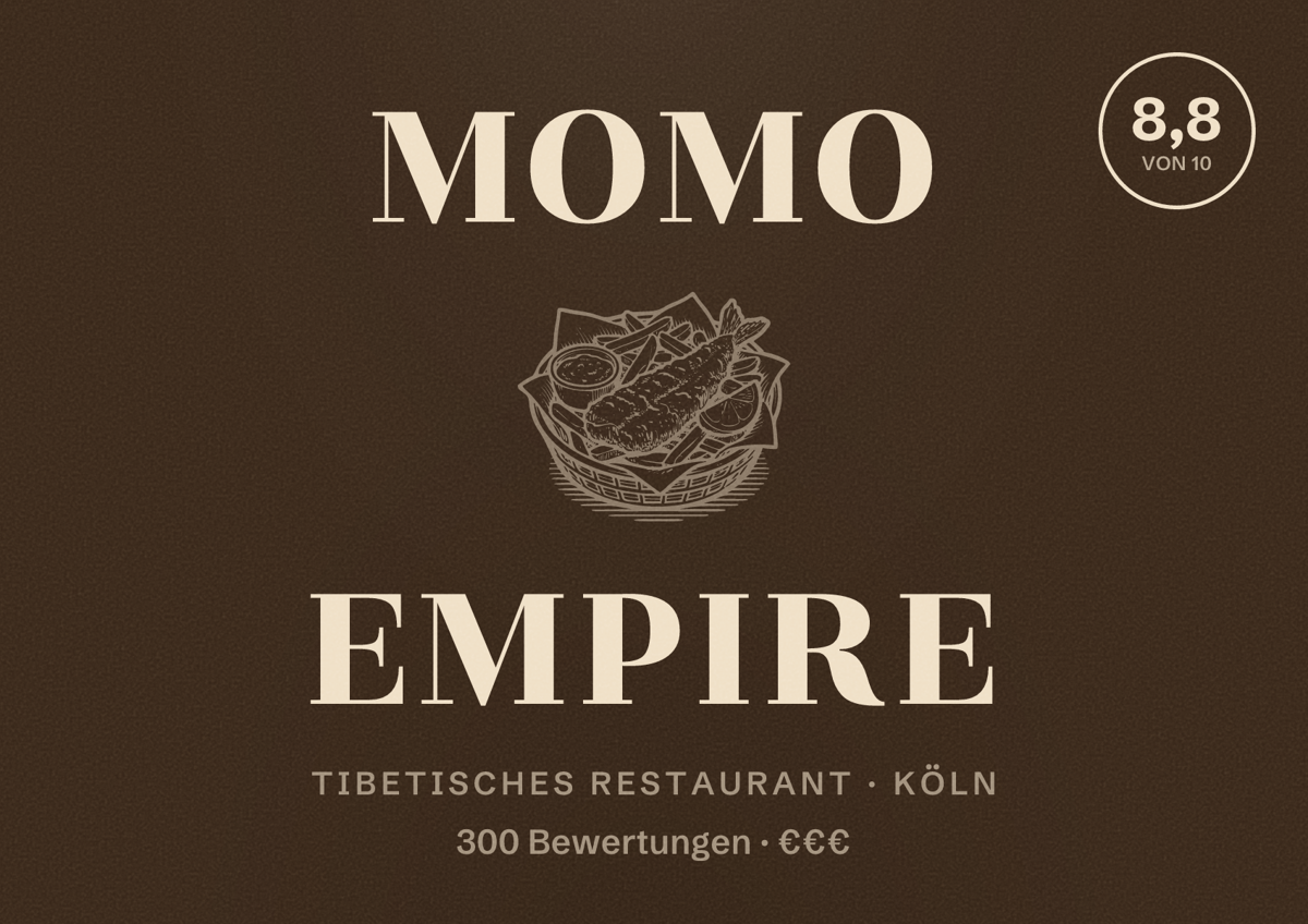 Illustriertes Poster von Momo Empire, Tibetisches Restaurant in Köln: Bewertung 8,8 von 10 aus 300 Bewertungen, Preisniveau €€€