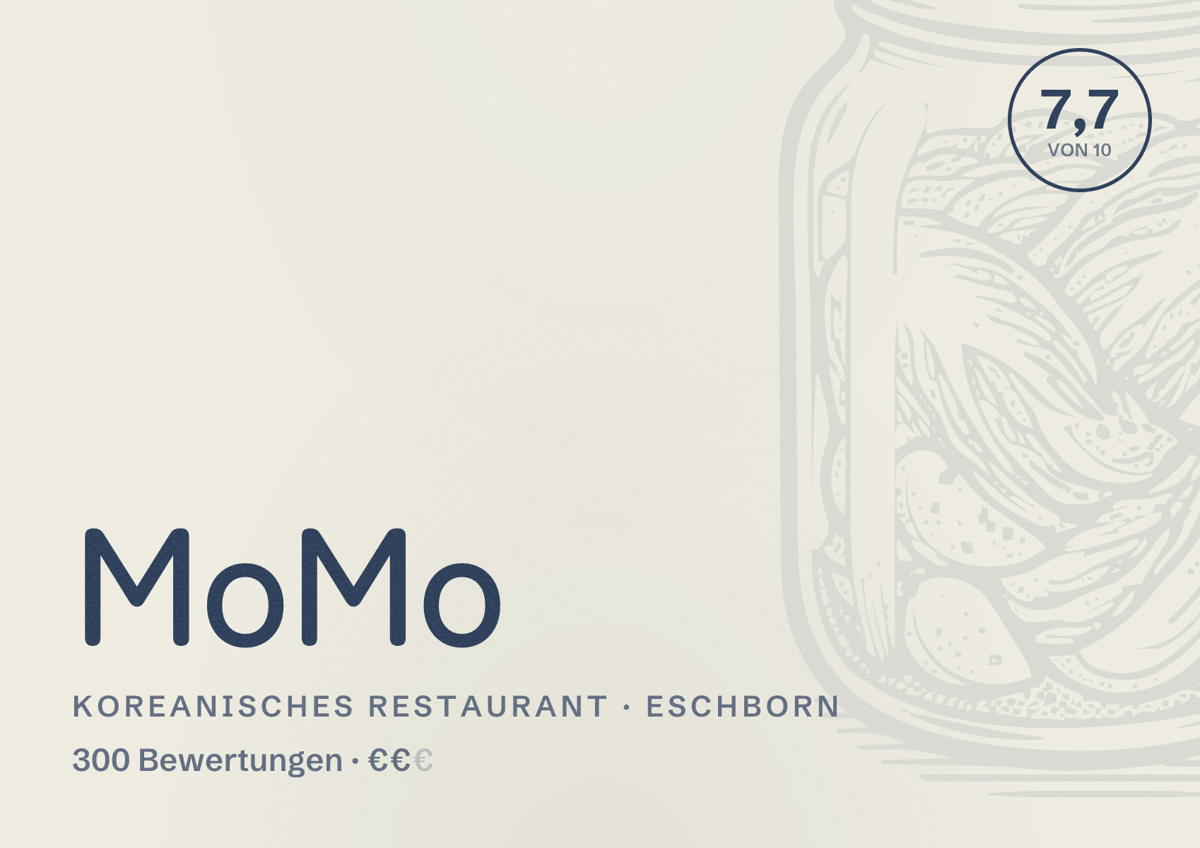 Illustriertes Poster von MoMo, Koreanisches Restaurant in Eschborn: Bewertung 7,7 von 10 aus 300 Bewertungen, Preisniveau €€