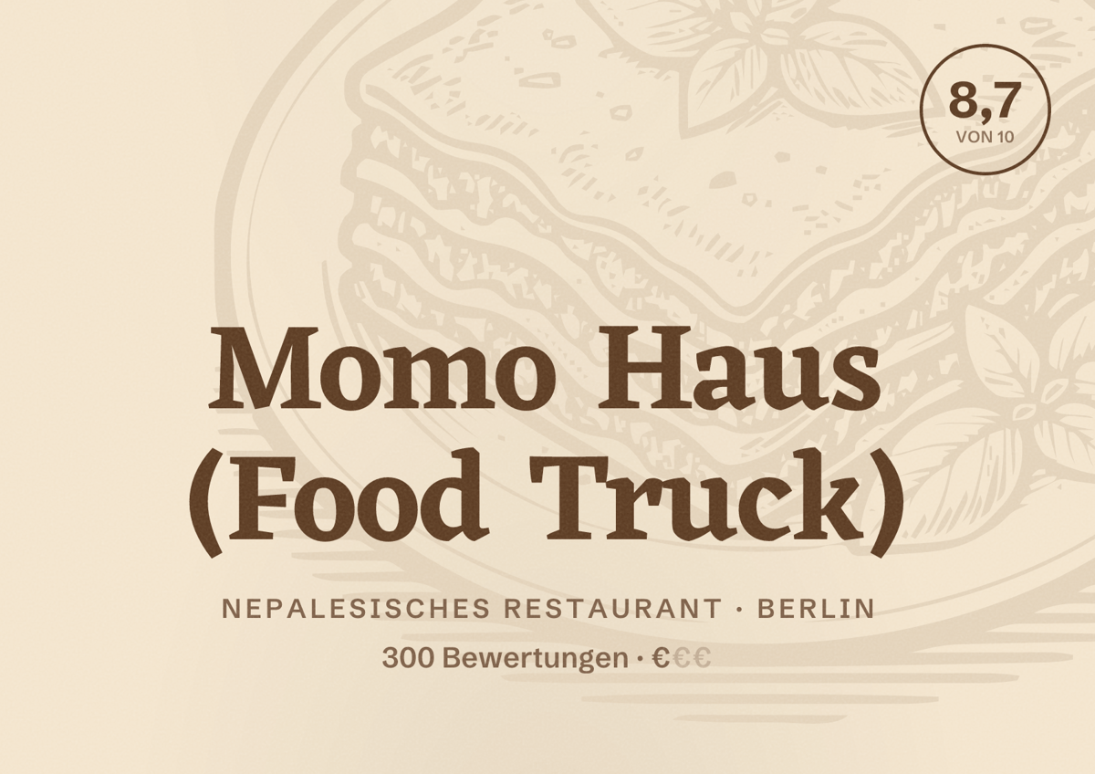 Illustriertes Poster von Momo Haus (Food Truck), Nepalesisches Restaurant in Berlin: Bewertung 8,7 von 10 aus 300 Bewertungen, Preisniveau €
