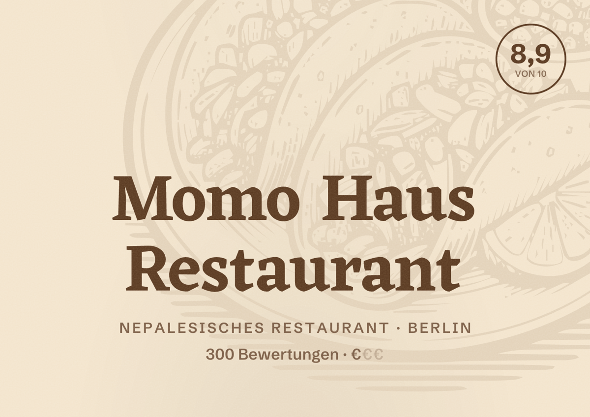Illustriertes Poster von Momo Haus Restaurant, Nepalesisches Restaurant in Berlin: Bewertung 8,9 von 10 aus 300 Bewertungen, Preisniveau €