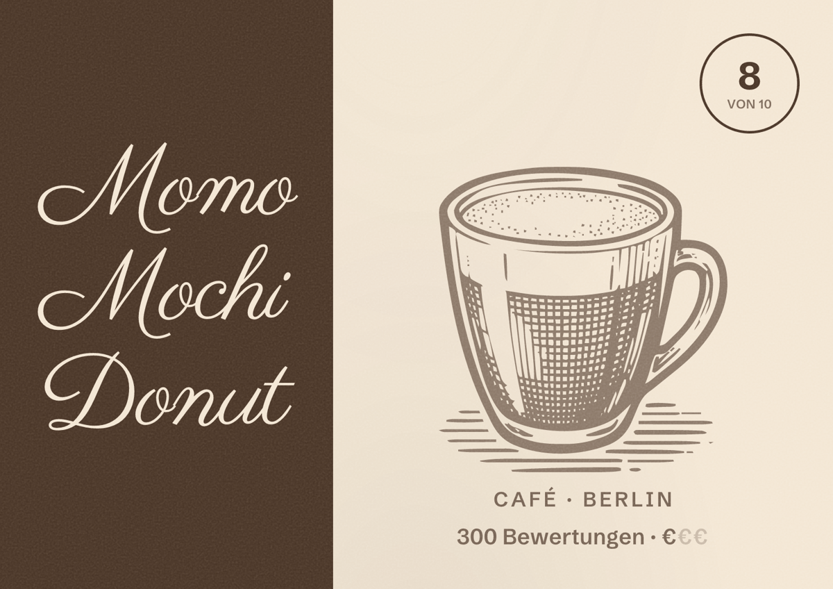 Illustriertes Poster von Momo Mochi Donut, Café in Berlin: Bewertung 8,0 von 10 aus 300 Bewertungen, Preisniveau €