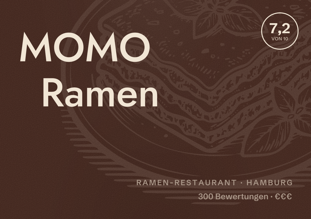 Illustriertes Poster von MOMO Ramen, Ramen-Restaurant in Hamburg: Bewertung 7,2 von 10 aus 300 Bewertungen, Preisniveau €€€