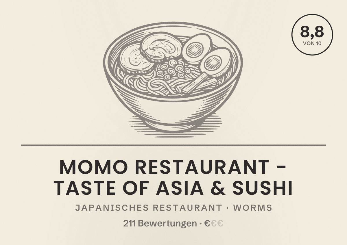 Illustriertes Poster von MoMo Restaurant - Taste Of Asia & Sushi, Japanisches Restaurant in Worms: Bewertung 8,8 von 10 aus 211 Bewertungen, Preisniveau €