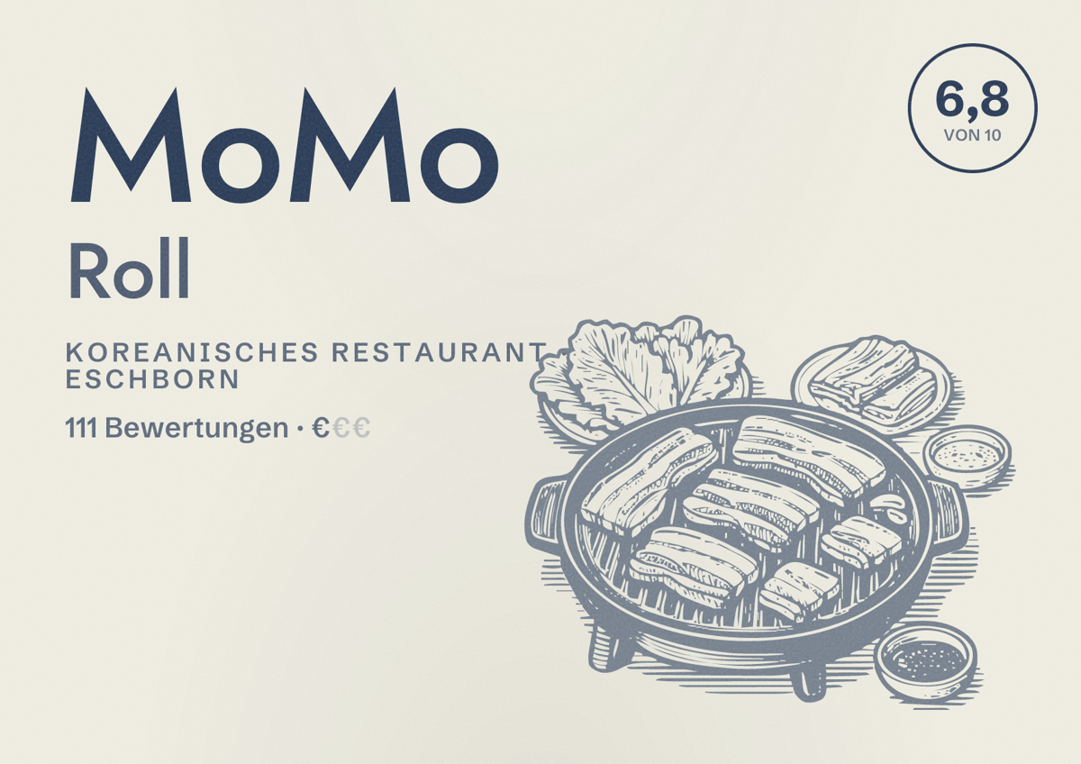 Illustriertes Poster von MoMo Roll, Koreanisches Restaurant in Eschborn: Bewertung 6,8 von 10 aus 111 Bewertungen, Preisniveau €