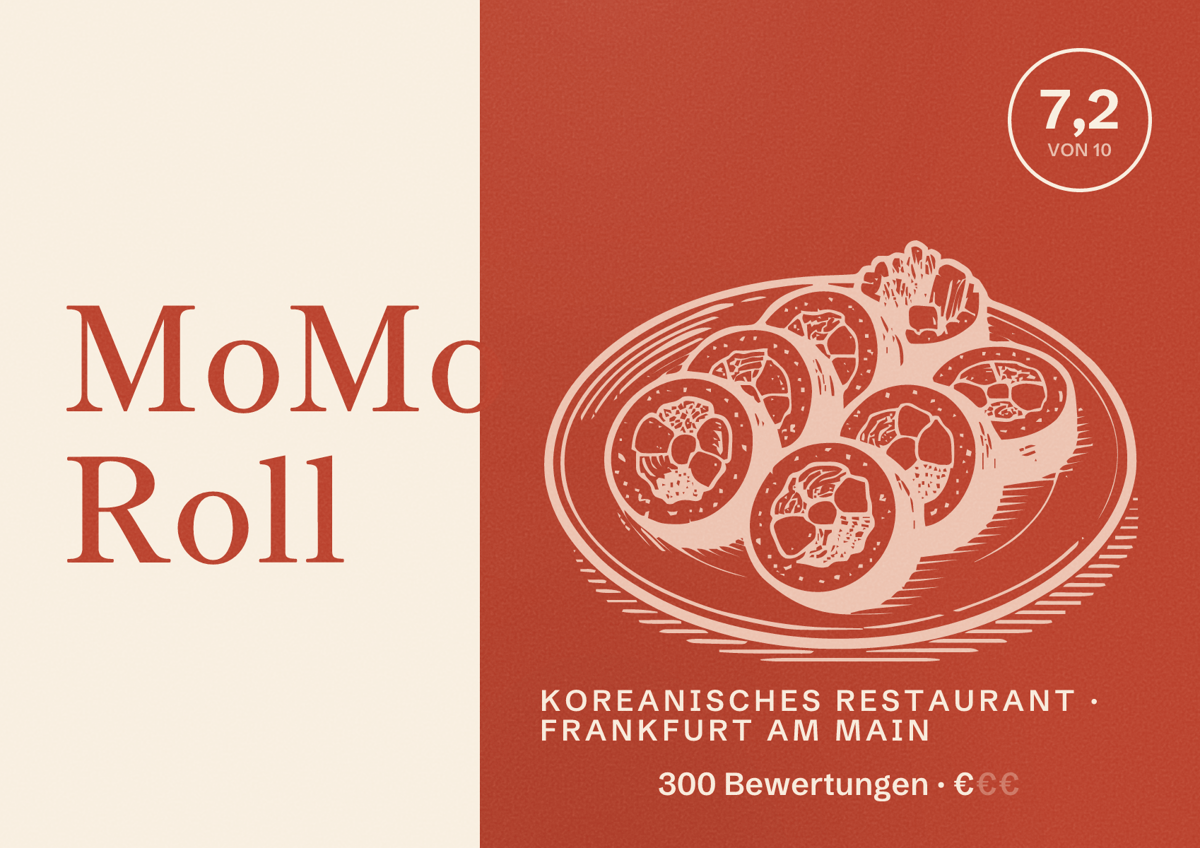 Illustriertes Poster von MoMo Roll, Koreanisches Restaurant in Frankfurt am Main: Bewertung 7,2 von 10 aus 300 Bewertungen, Preisniveau €