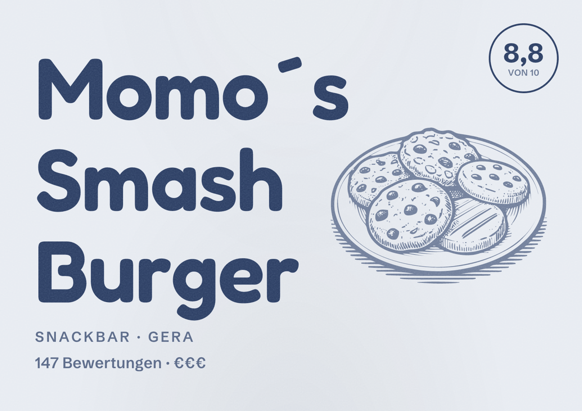 Illustriertes Poster von Momo´s Smash Burger, Snackbar in Gera: Bewertung 8,8 von 10 aus 147 Bewertungen, Preisniveau €€€