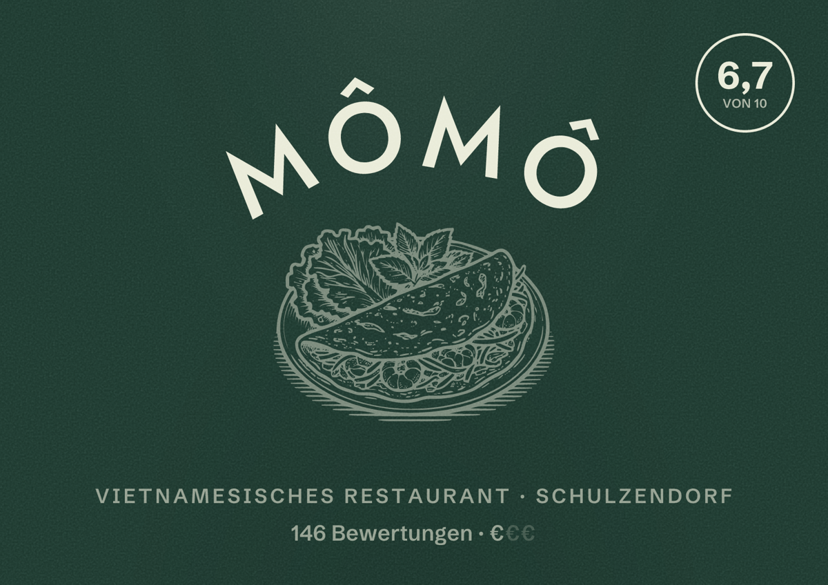 Illustriertes Poster von Mômô, Vietnamesisches Restaurant in Schulzendorf: Bewertung 6,7 von 10 aus 146 Bewertungen, Preisniveau €